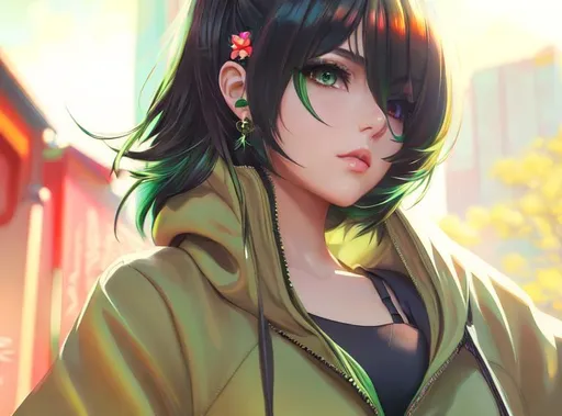 Prompt: illustration art, front, modern fashion, epic Instagram, artstation, hyperdetailed, unreal engine, modern anime anime style, complementary colors, 8k, deviantart masterpiece, oil painting, heavy strokes, young girl, black hair, green pearl eyes, hoodie, tight sleeve shirt