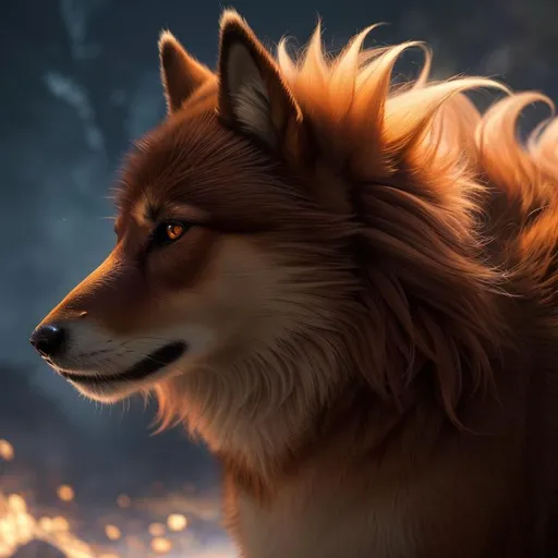 Prompt: 8k, 3D, UHD, masterpiece, oil painting, best quality, artstation, hyper realistic, photograph, perfect composition, zoomed out view of character, 8k eyes, Portrait of a (beautiful Ninetales), {canine quadruped}, thick glistening deep gold fur, deep sinister (crimson eyes), ageless, lives a thousand years, epic anime portrait, vindictive, angry, growling, vengeful, wearing a beautiful (silky scarlet and gold scarf), thick white mane with fluffy golden crest, golden magic fur lighlights, studio lighting, animated, sharp focus, intricately detailed fur, graceful, regal, cinematic, possesses fire element, blizzard, snow mountain, magnificent, sharp detailed eyes, beautifully detailed face, highly detailed starry sky with pastel pink clouds, ambient golden light, golden sunlight on hair, plump, perfect proportions, nine beautiful tails with pale orange tips, insanely beautiful, highly detailed mouth, symmetric, sharp focus, golden ratio, complementary colors, perfect composition, professional, unreal engine, high octane render, highly detailed mouth, Yuino Chiri, Anne Stokes