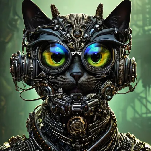 Prompt: portrait of a anthro "Punk Cat" with big Funky Eyewear, intricate, elegant, hyperdetailed, cybernetic, digital painting, artstation, concept art, biomechanical, sharp focus, illustration, greg rutkowski, anthropomorphic, fractal details in big green cat eyes, very striking, WLOP, Artgerm, ray tracing , DSLR, HDR