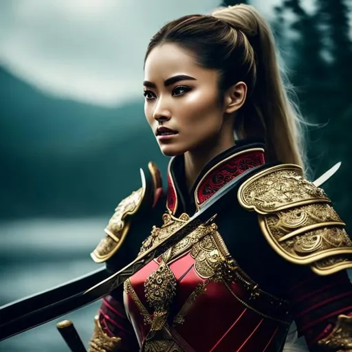 Prompt: a highly detailed, ultra-realistic, HD Photorealistic Photo OF beautiful, stunning, gorgeous, perfect face, perfect body, Blonde Warrior in Black and Red Samurai Armor holding a katana

Image resolution must be high to capture every detail, providing an immersive and stunning visual experience. The combination of the woman, the clothes, the sword and the scenery must create a visually striking and coherent composition.