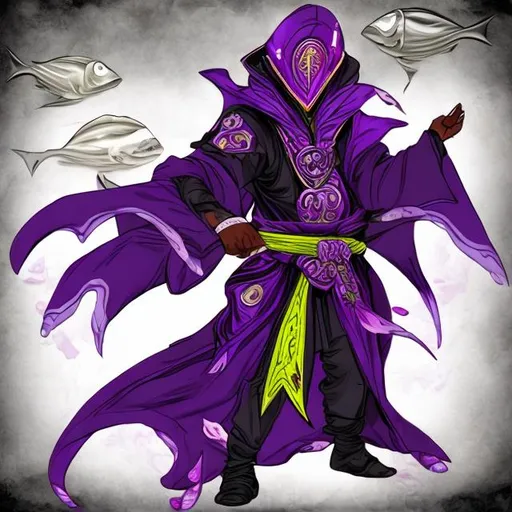 Prompt: purple anime martial art warlock fish
