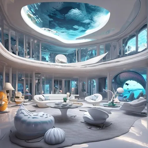 Prompt: a living room filled with lots of white furniture, under water deep sea laboratory, outside under water, stunning render, curved perspective, floor to ceiling window, scuba mask, 3d printed building, trending on pinterest，maximalist, inspired by Enguerrand Quarton, cephalopod, dubai, unreal engine 5 - w 1024