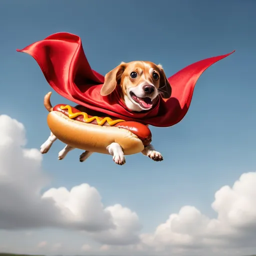 Prompt: a flying hotdog with a cape.