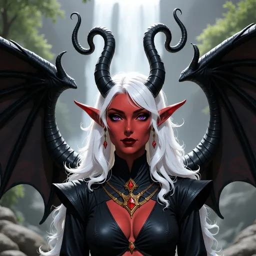 Prompt:  @p2CZMES7VK5y7B1QsEFp white hair, large crown, lots of jewelry, horns curved down, black clothes, big wings waterfall