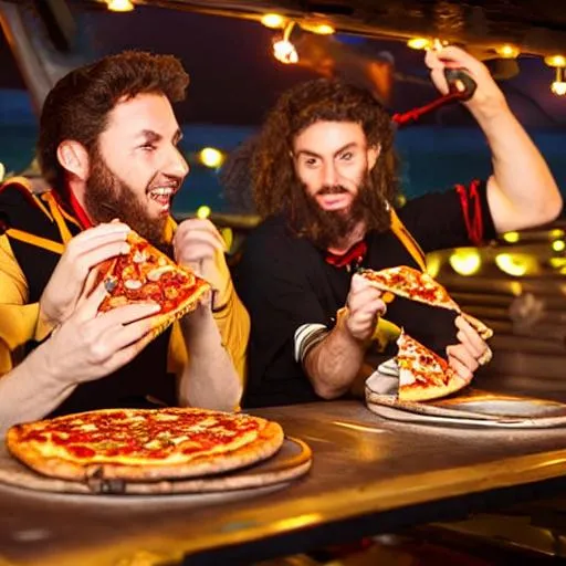 Prompt: two pirates eating pizza on a ship in deck with lights


