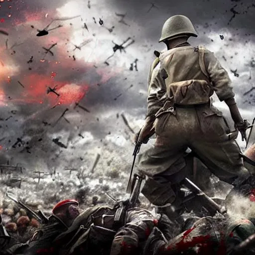 Prompt: A hyper realistic 8k painting in the style of anime ,of a bloody battle in ww2 ,with lots of angst in 8k,multiple armies fighting ,