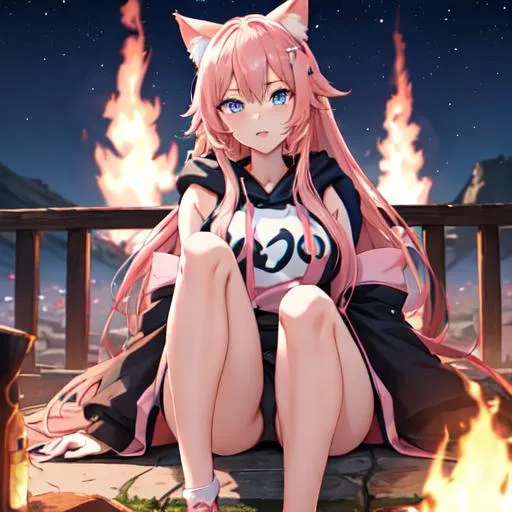 Prompt: Japan as a female human, 8k, UHD,  highly detailed, pink hair, blue eyes, cat ears, wearing a hoodie, night, sitting in front of a bonfire