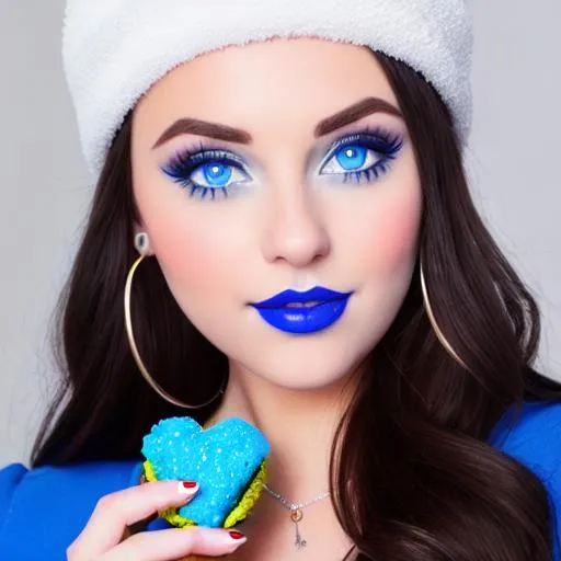 Prompt: Elise Stefanik eating frosty blue cake together, inside temple bakery,  blue lipstick, pleasant face, blue eyes, cookie eyeshadow, Sugar Hat, extremely large ice cream earrings. Wide Blue heart necklaces, Cold color scheme, ultradetailed, 8k resolution, perfect, smooth, high quality, shiny. 