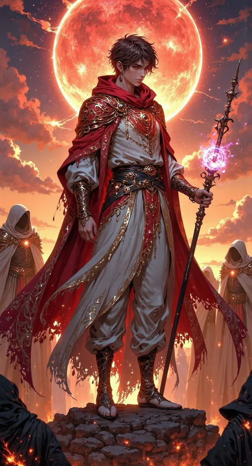 Prompt: ((tall skinny adult man)) as a ((magical sage)) with ((short brown hair)), brown eyes, dressed in ornate white red layered textured revealing sage gear, left hand holding ((magic staff)). he is casting a spell.

red sun skies, high contrast lighting, ((wide length camera)), eye-level shot, side angle, wide depth of field. film grain, film textures.

Overall feeling of glory. The background is a high detailed ancient enchanted war grounds, filled with magic.