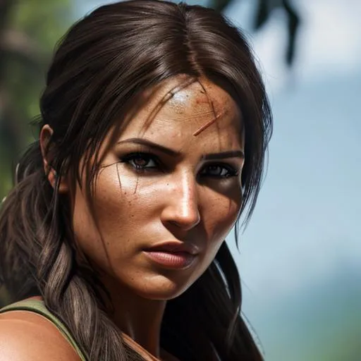 Prompt: Lara Croft, Tomb Raider, determined look, 4k, UHD, HDR, f/1.8, front face view, cave background