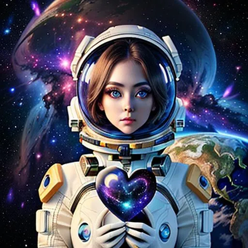 Prompt: {Female with large alluring beautiful eyes}Heart(earth background) space suit, expansive Nebula background