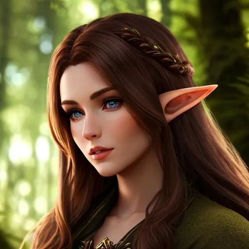 Prompt: D&d female elf, brown long hair, in the forest, highly detailed, professional, render, Sharp focus, HD, UHD, HDR, hyperrealistic 