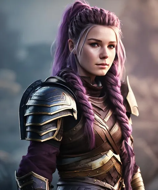 Prompt: Digital art, 20-year-old woman viking, dark purple hair, a single braid draping down the side of her right shoulder, black gear, gold armor, unreal engine 8k octane, 3d lighting, full body, full armor