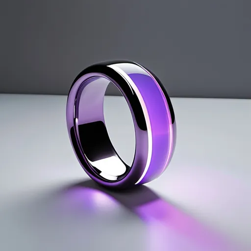 Prompt: "Create a futuristic smart ring with a sleek metallic purple finish, featuring glowing neon accents and a minimalist digital display. The ring should sit on a polished metallic surface with soft reflections. Enhance the lighting with vibrant purple and blue tones, adding a subtle laser beam effect for a high-tech aesthetic. Ensure a clean, modern, and visually captivating composition."