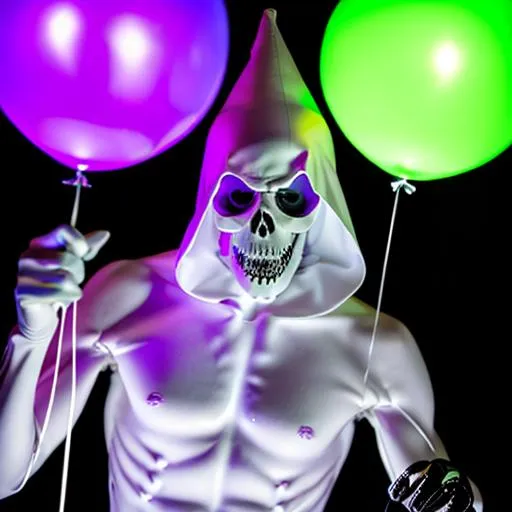 Prompt: A photograph the Grim Reaper wearing a party hat, holding onto a balloon by a string. photographed by David LaChapelle. Shot with a Canon EOS R5, using a shutter speed of 1/125, aperture of f8, and ISO 200. The lighting is bold and dramatic, with a stark, white light that illuminates the bones and highlights the party hat's colorful streamers. This quirky, posed image is both humorous and slightly macabre.