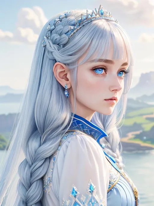 Prompt: 1 girl, queen, highly detailed blue eyes, highly detailed face, innocent looking, regal looking, regal, 8k UHD, young girl, pointy ears, divine, highly detailed blue dress, long sleeved, anime, long dress, fully clothed, fantasy kingdom backdrop, highly detailed back braided silver hair, slight front bangs, scenic view landscape, magical feel, aerial view, idyllic, overhead shot, determined