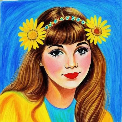 Prompt: A drawing of a 1960s hippie girl with flowers in her hair