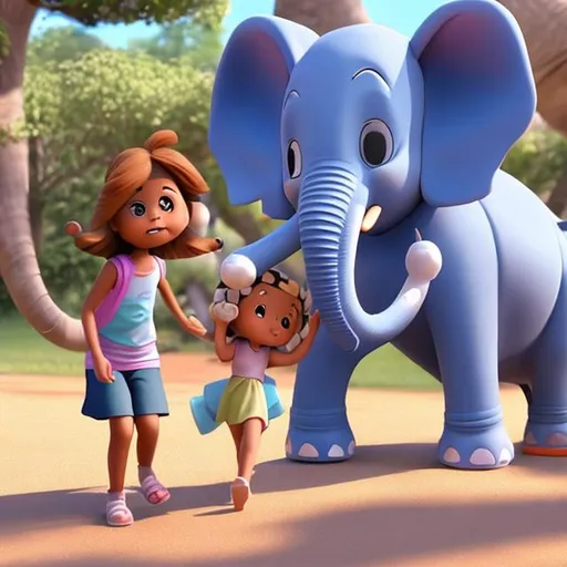 Prompt: a cartoon girl and a cartoon boy are taking to a cartoon elephant
