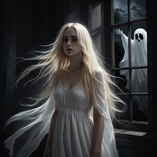 Prompt: Chiaroscuro, 8k, a digital painting of a ghost, she is petite with long flowing blonde hair, white sundress, dark eyes, sad expression, a ghostly breeze making her hair and dress float, standing in front of a window at night, gothic themed, dramatic, spooky, 