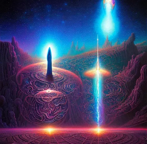Prompt: Cosmic Infinity 64k resolution holographic astral cosmic illustration mixed media by Dan Mumford Greg Rutkowski Zdzisław Beksiński Epic cinematic brilliant stunning intricate meticulously detailed dramatic atmospheric maximalist digital matte painting galactic space