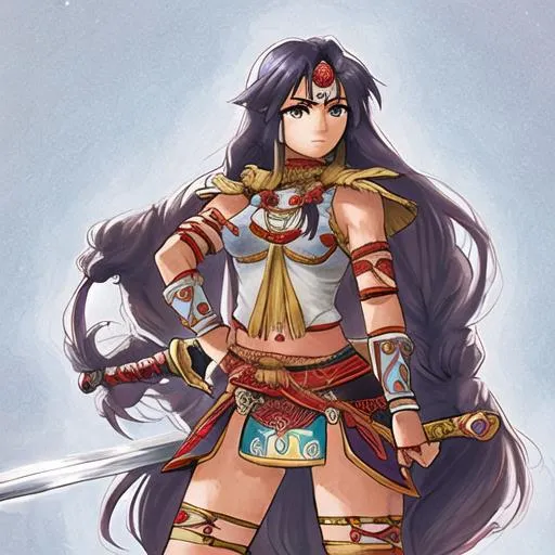 Prompt: Indian warrior girl with long hair and holding a sword
