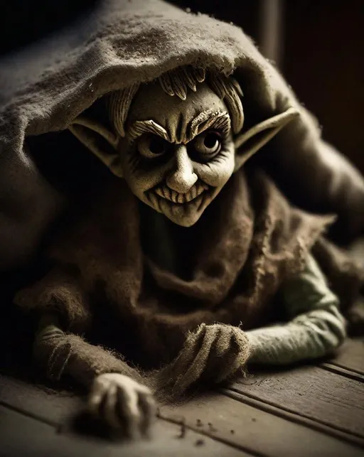 Prompt: A ((creepy)) old elf ornament lies forgotten on the dusty attic floor, its pointy face and clothes covered in dirt and cobwebs. Dramatic side lighting highlights weathered details. ((Ominous,)) unsettling, sinister holiday horror vibe.