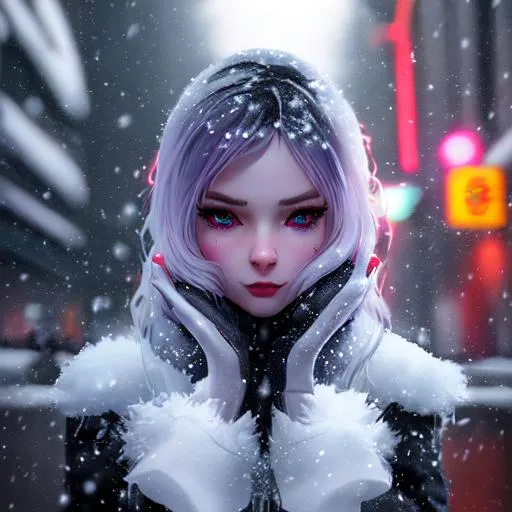 Prompt: a portrait of insane beautifull young woman in winter place, snowing, snow partilces, love death & robots style, futuristic street in the background, octane render, Unreal Engine 5, Cinematic, Color Grading, portrait Photography, Bokeh, Ultra-Wide Angle, Depth of Field, hyper-detailed, insane details, Photoshoot, Shot on 70mm lens, Tilt Blur, Shutter Speed 1/1000, F/22And, by aderek, by Pawel Tomczuk