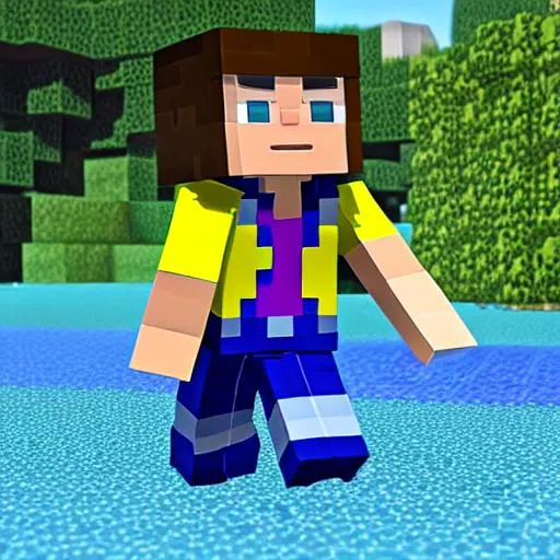 Prompt: Alex's design is reminiscent of the iconic Minecraft aesthetic, blending both practicality and a touch of whimsy. She has a lean and athletic build, representing her active lifestyle in the blocky world. Her skin has a slight tan, hinting at the countless hours she spends under the virtual sun. Alex's most recognizable feature is her vibrant, pixelated hair. It comes in a bold shade of either sandy brown or dark brown, with square-shaped bangs framing her face. The rest of her hair is styled in a short, choppy pixie cut, giving her a practical yet fashionable appearance. Her outfit is a mixture of comfortable and durable clothing suitable for her adventures. She wears a sleeveless tunic or hoodie, made from a sturdy fabric resembling Minecraft blocks. The tunic could be a combination of earthy tones, such as green and brown, or a vibrant color palette inspired by the game's blocky landscapes. It may also feature accents or prints resembling pixelated textures. Alex wears practical pants or shorts, typically in a neutral color like dark gray or brown. These pants have numerous pockets to hold her tools and items necessary for her expeditions. She completes her outfit with sturdy boots, designed for traversing diverse terrains. To reflect her resourcefulness, Alex always carries a trusty tool or weapon by her side. This could be a pixelated pickaxe, a sword, or a bow and arrow, depending on her current adventure or task at hand. The tool may have unique designs or engravings, showcasing her personal touch and craftsmanship. Alex's design may also incorporate accessories that symbolize her connection to the Minecraft world. These could include a blocky necklace or bracelet made from pixelated beads, representing different Minecraft materials or elements. Additionally, she may have a small Minecraft-inspired companion, such as a pet wolf or a parrot, accompanying her on her journeys.