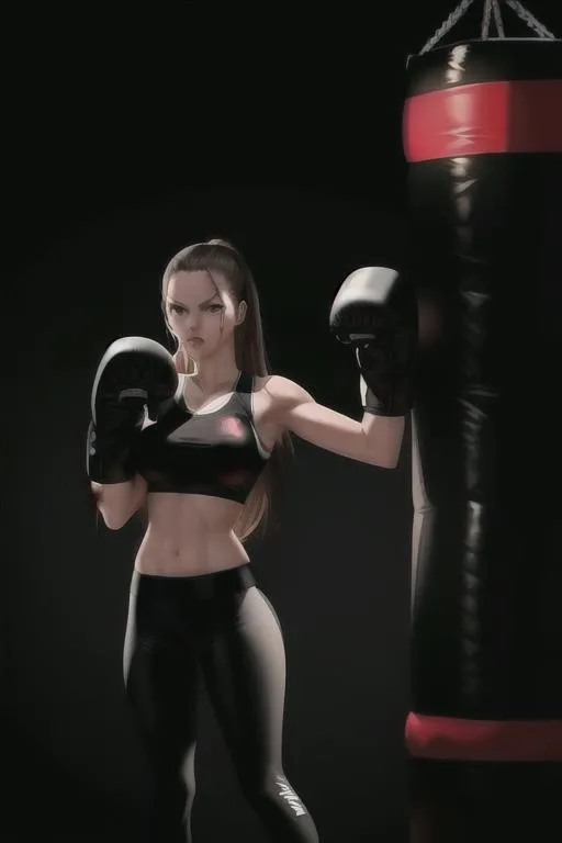 Prompt: punching bag punching, high quality, punching bag,Best quality, tall girl, (punching bag:1.2), master piece, leggings , muscle, blood, punching bag, latex ,ultra detailed, realistic, 4k, fight punching, open finger gloves ,anime style,punching fighting, beauty girl, pretty ,detailed face, punching bag smash 