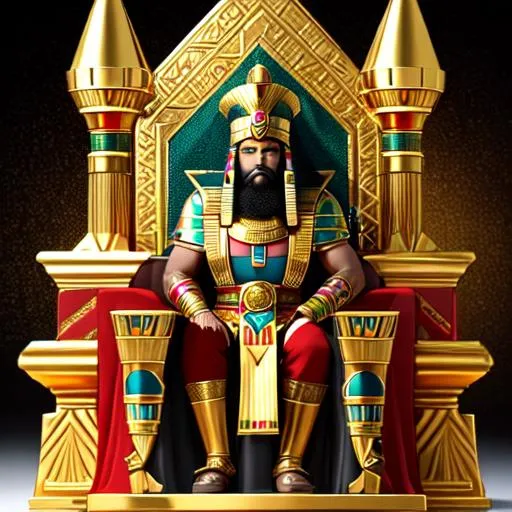 Prompt: A dark skin male Dwarven Pharoah wearing gold and blue and green and red ancient Egyptian/Roman style pharoah's armor sitting on a gold throne in a pyramid. red hair, green eyes, lots of gold jewelry and black egyptian style makeup, red dwarven beard.