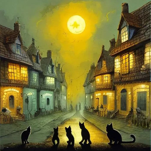 Prompt: A cat street gang. Art by endre penovac, Lisa graa Jensen and Jacek yerka. Highly detailed, super clear definition. Beautifully lit.