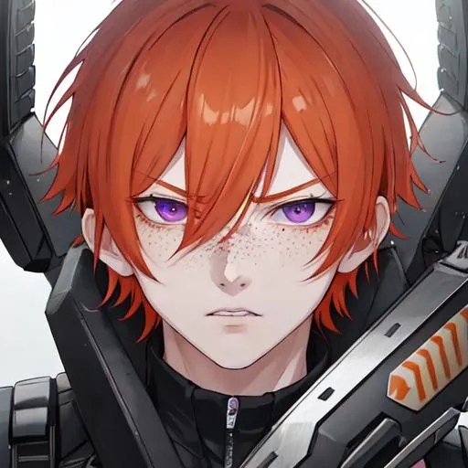 Prompt: Erikku male adult (short ginger hair, freckles, right eye blue left eye purple) UHD, 8K, Highly detailed, insane detail, best quality, high quality, using a chainsaw, angry