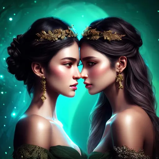 Prompt: HD 4k 3D 8k professional modeling photo hyper realistic beautiful twin women ethereal greek goddesses of disputes
dark green hair brown eyes gorgeous face black skin shimmering dress with jewelry laurel headpiece full body surrounded by magical glowing  light hd landscape background two twins arguing in dark gloomy underworld