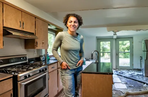 Prompt:   un clothed in  a water damaged kitchen. water running through  ceiling and walls   