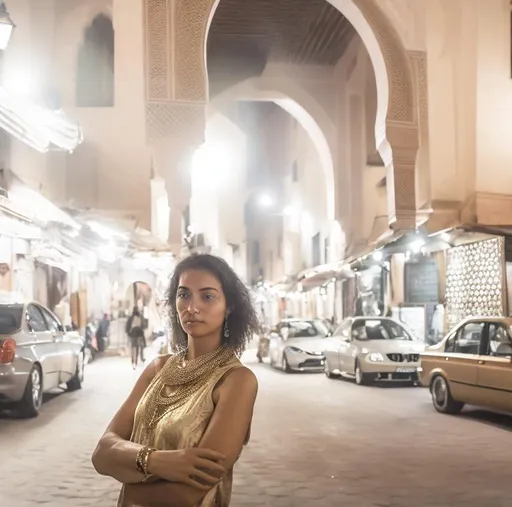 Prompt: A woman wearing a gold necklace around her neck, leaning on a BMW car, in the city of Marrakesh, Morocco, at night under the moonlight.