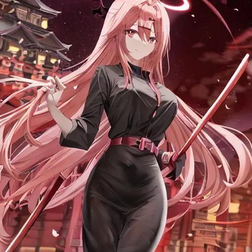Prompt: ANIME | Mature young pink long hair female with plain red eyes and a smile on her face, she's in a black suit of armor. She wears a halo of light, peach colored skin.

With a scythe being unsheathed on her hip by her.

She has an aura of red fire.

The background is a castle with the moon in the back. glowing green spirits surrounding her.

Detailed, Defined colors, Sharp lines, Full body

