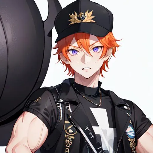 Prompt: Erikku male (short ginger hair, freckles, right eye blue left eye purple) muscular, UHD, 8K, Highly detailed, insane detail, best quality, high quality. wearing a sideways baseball cap, black jacket, black shorts, streetwear