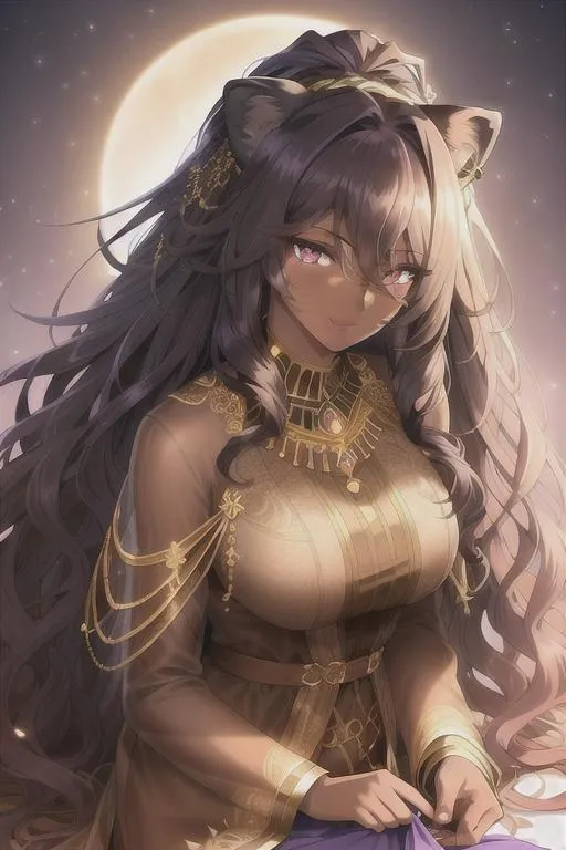 Prompt: Best quality, beautiful girl, lion’s mane, intense hair, detailed eyes, detailed skin, detailed clothing, soft lighting, intricate colouring, crisp, dramatic poses, dark skin, dark purple hair with a golden tint, soft glowing eyes, looking down on you, smile, happy 