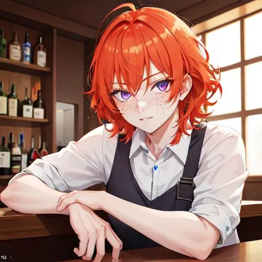 Prompt: Erikku male (short ginger hair, freckles, right eye blue left eye purple)  UHD, 8K, Highly detailed, insane detail, best quality, high quality. at the bar, drinking liquor