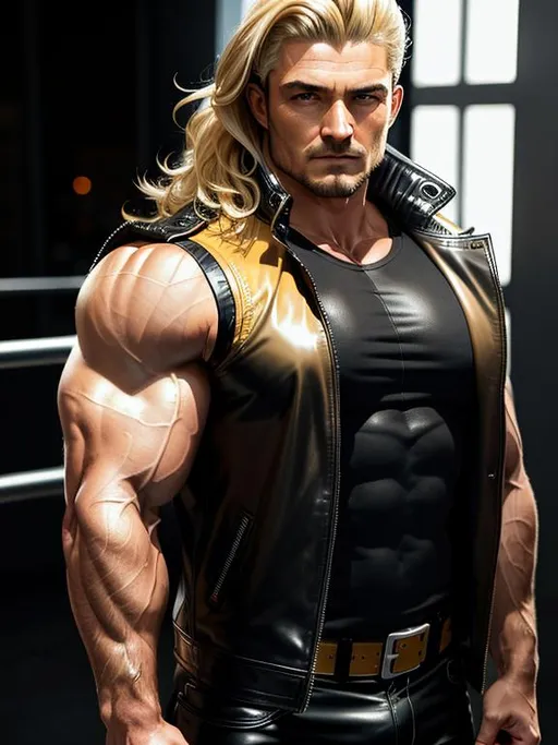 Prompt: perfect composition, {40 year old}, extremely muscular {Orlando Bloom} as a bodybuilder, wearing {tech vest and leather trench coat}, {shoulder length blonde hair}, {light blonde beard}, extra masculine, peak fitness, determined expression, looking at viewer, 8k eyes, detailed face, wlop, stanley artgerm lau, artstation, hd, octane render, hyperrealism intricate details, 8k, cinematic volumetric light, proportional, art trending on artstation, sharp focus, studio photo, intricate details, highly detailed, intricate artwork masterpiece, ominous, intricate, epic, trending on artstation, highly detailed, vibrant, production cinematic character render, ultra high quality model, 