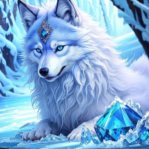 Prompt: (masterpiece, oil painting, professional, epic digital art, best quality:1.5), insanely beautiful ((she-wolf)), (canine quadruped), adolescent, ice elemental, deep blue billowing fur covered in frost, bashful hypnotic sapphire blue eyes, gorgeous 8k eyes, gorgeous silver mane covered in frost, (plump:2), finely detailed fur, hyper detailed fur, (soft silky insanely detailed fur), frozen waterfall, freezing rain, soft light, lying in frosted meadow, grassy field covered in frost, cool colors, cunning, symmetric, golden ratio, unreal engine, depth, volumetric lighting, rich oil medium, (brilliant auroras), (ice storm), full body focus, beautifully detailed background, cinematic, 64K, UHD, intricate detail, high quality, high detail, masterpiece, intricate facial detail, high quality, detailed face, intricate quality, intricate eye detail, highly detailed, high resolution scan, intricate detailed, highly detailed face, very detailed, high resolution
