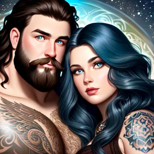 Prompt: fantasy oil painting ((heavyweight man and heavyweight woman couple)), (((long dark brown wavy hair for man))), (((long blue wavy hair for woman))), (((woman's eyes are brown))), (((man's eyes are green))), (((woman has pale skin and round face))), {man has round face and scruffy beard}, tattoos, surreal, Disney, pixar, (((rainbow))), (((cosmos))), space, bubbles, illustration, (((neon))), high detail, intricate, artgerm, james jean, Rutkowski, and other illustrators, intricate details, face, full body portrait, headshot, illustration, UHD, 4K