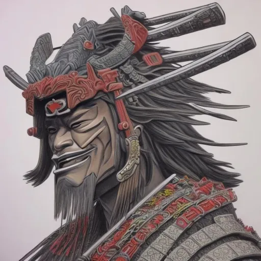 Prompt: 3D colored pencil drawning of samurai from torso up
