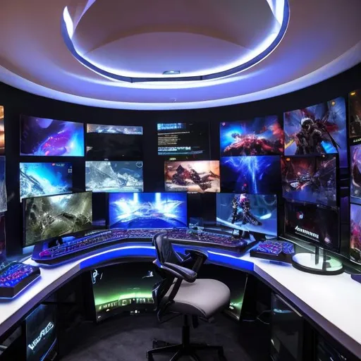 Prompt: Gaming Hardware Showcase: Display a sleek, organized setup with gaming consoles, high-end PCs, gaming chairs, and peripherals neatly arranged within the dome.
