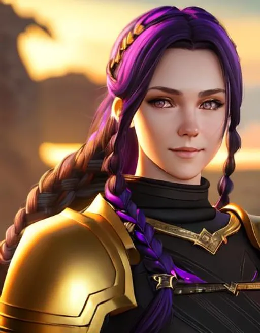 Prompt: Digital art, 20-year-old woman viking, subtle smile, mostly black hair with one dark purple streak, one braid, light blue eyes, black gear, gold armor, unreal engine 8k octane, 3d lighting, full body, full armor