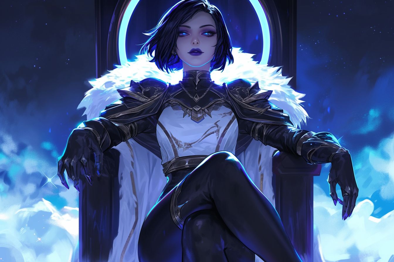 Prompt:  Young woman, full body, cosmic queen, black bob cut hair with gold gradient, parted bangs, deep blue eyes, black eye shadow, black khol, black eyeliner, black lipstick, pale skin, big eyes. Wearing white cosmic clothes over a tight black bodysuit with a nebula pattern, bright halo. Space background, obsidian throne surrounded with smoke. She has feminine curves, plump lips, superior smirk, cruel smile, gorgeous face, beautiful eyes, plump lips, curves, and dim lighting, sitting on her throne. Detailed lines, action-packed cartoons, dnd character, mythology academia, vibrant colors.