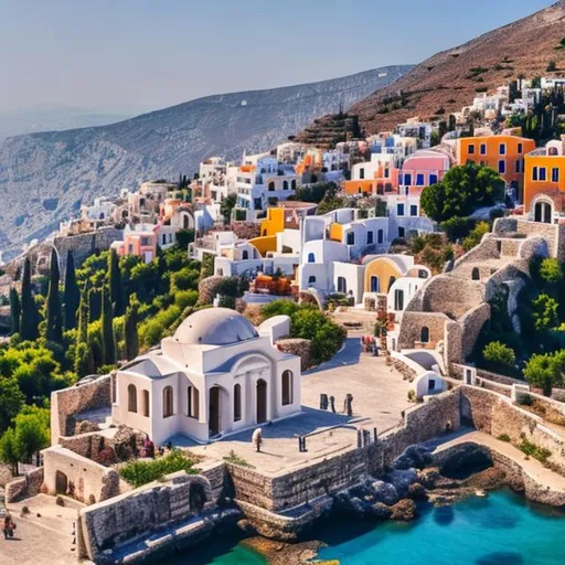 Prompt: Greece realistic. with a huge wall surrounding the city. statues. beautiful palaces