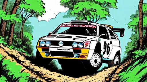 Prompt: Group b rally car sliding through a corner in the woods on a dirt path  as crowds dive out of the way, anime, cell shaded, art, digital art