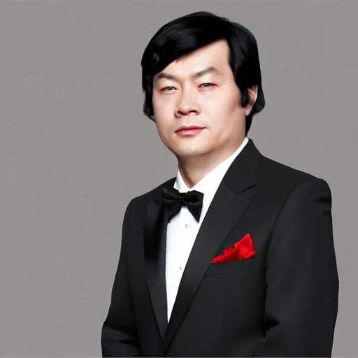 Prompt: A Chinese man with shiny black hair, wearing a black suit and a red tie, the image of a businessman