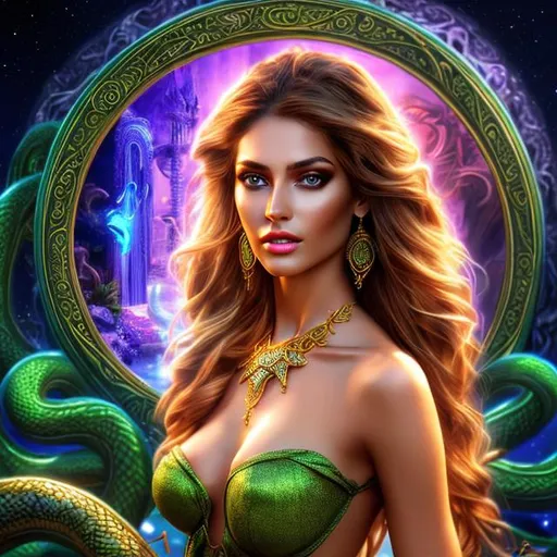 Prompt: HD 4k 3D 8k professional modeling photo hyper realistic beautiful woman ethereal greek goddess of harmony
caramel brown hair green eyes gorgeous face olive skin shimmering robe statement necklace full body surrounded by serpent and magical glowing ambience hd landscape background garden with fountain and serpents